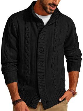 🆕Men's Dark Black Cable Knit Cardigan Sweater Button Down Stand Collar Jacket